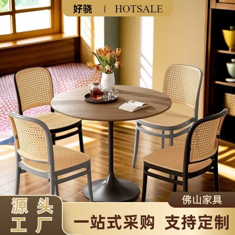 北欧简约风编藤靠背椅 甜品奶茶咖啡店椅子 商用户外塑胶椅子
