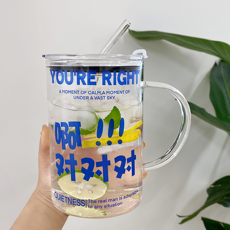 创意文字啊对对对玻璃杯带把办公x室家用喝水杯子男女1000ml带盖