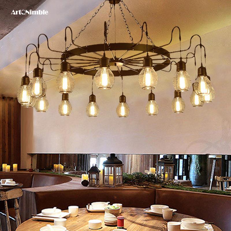 复古工业风主题餐厅铁艺吊灯火锅店烧烤店包厢圆餐桌饭店创意大灯