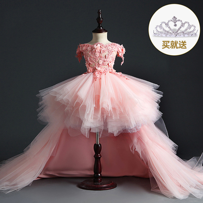 钢琴演奏礼服女童主持人高端花童粉色公主裙生日宴走秀拖尾演出服