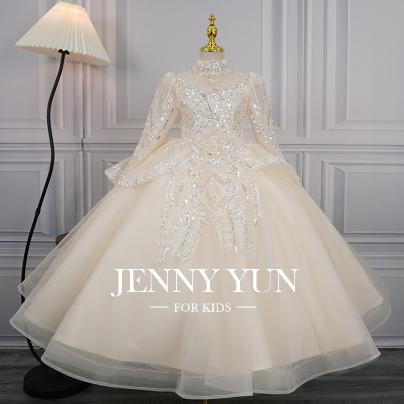 女童高端轻奢小众礼服花童婚礼长袖儿童钢琴演奏服小主持人演出服