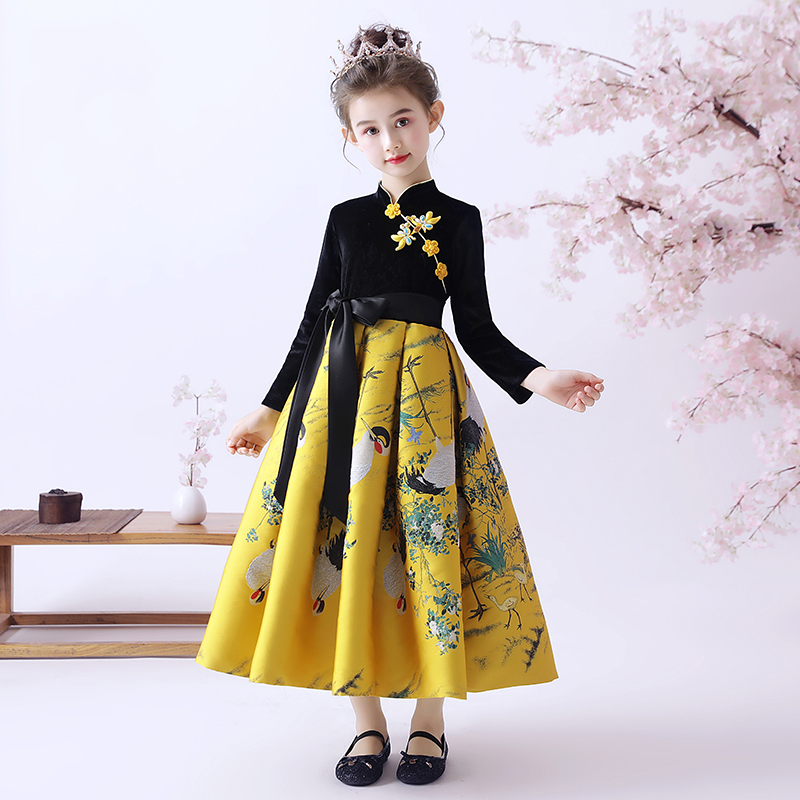 旗袍女童冬加厚儿童中国风古装新中式国风古筝演出服连衣裙拜年服