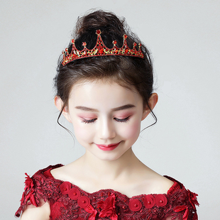 儿童皇冠头饰公主女童王冠水晶红色发箍小孩生日花童钢琴演出发饰