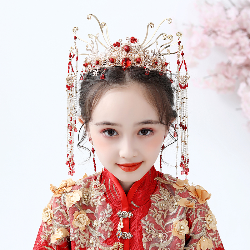 儿童汉服发饰高端女童红色流苏步摇发冠饰品秀禾服中国风唐装发饰