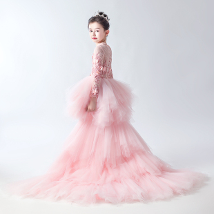 女童礼服大拖尾公主裙模特走秀潮服轻奢晚礼服儿童主持钢琴演出服