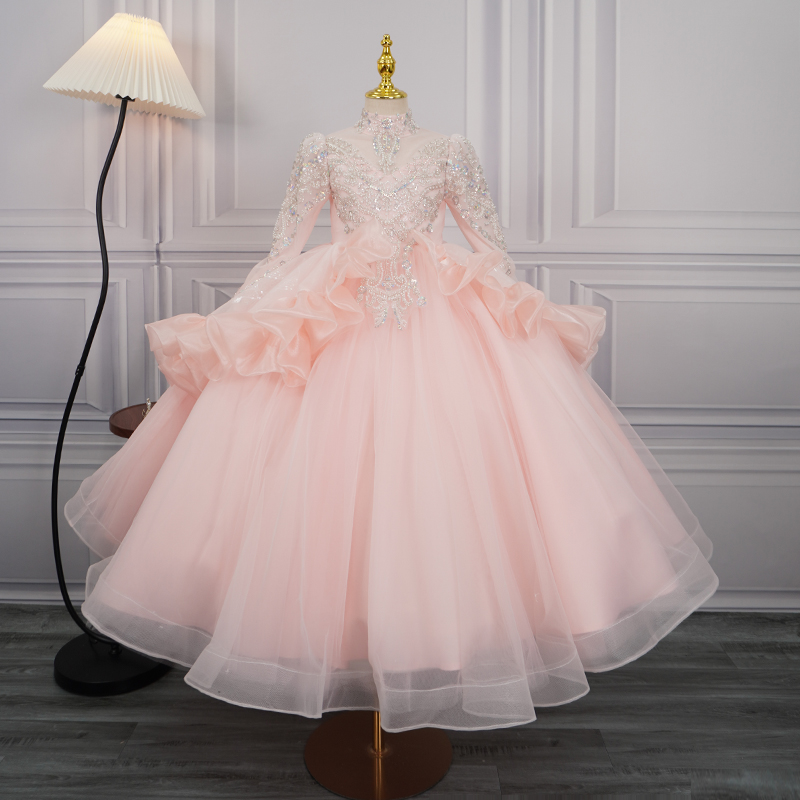 主持人礼服女童秋冬长袖粉色儿童钢琴演奏服花童婚礼小女孩演出服