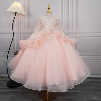 主持人礼服女童秋冬长袖粉色儿童钢琴演奏服花童婚礼小女孩演出服