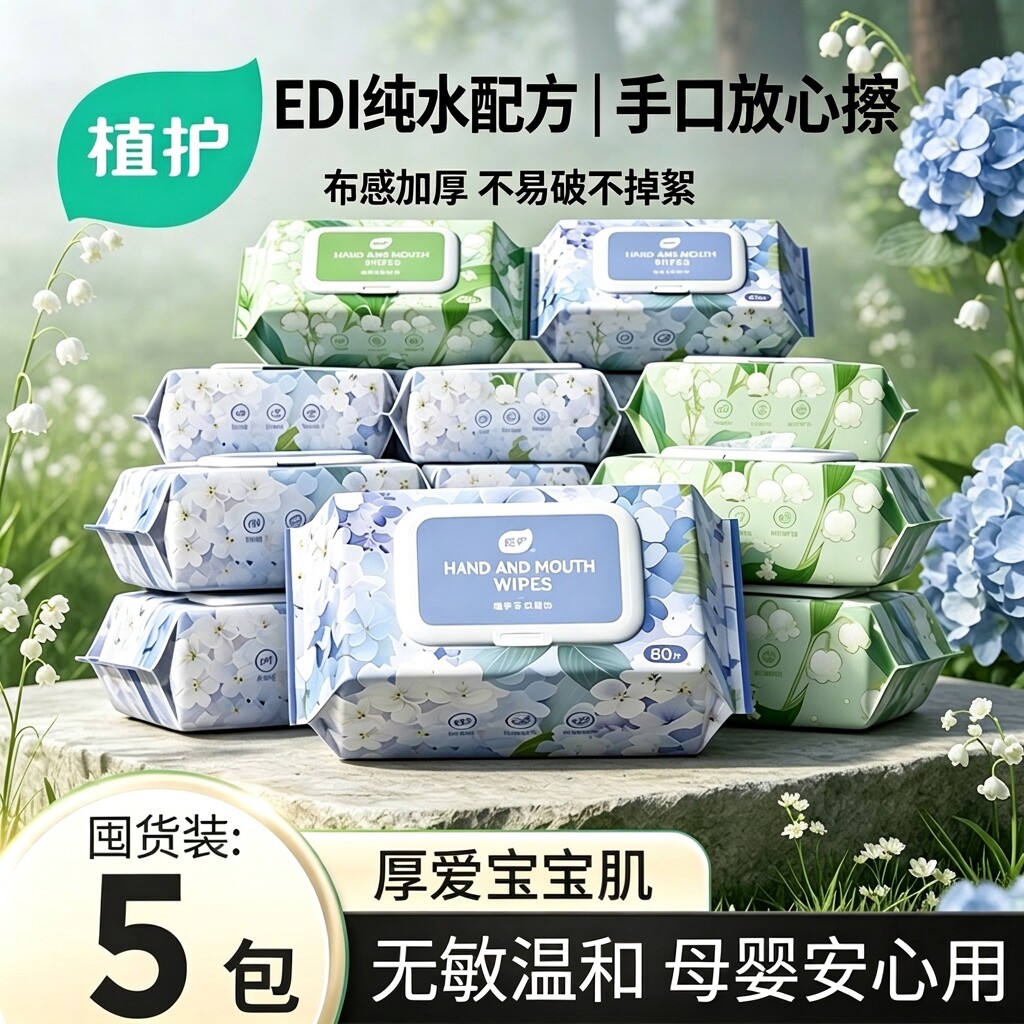 植护纯水湿巾纸婴儿成人手口专研清洁湿纸巾家庭用实惠装大包80抽