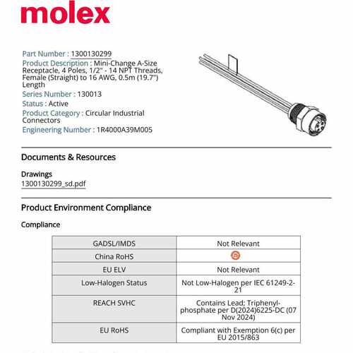 1R4006A39M005 1300130299 莫仕Molex 圆形连接器 全新原装