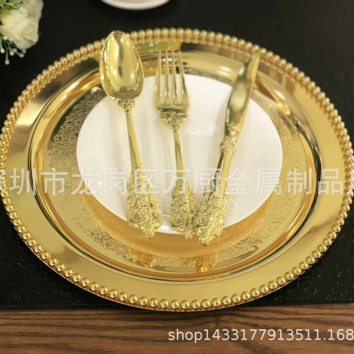 金属蛋糕盘点心盘珠点盘镀银点心盘镀金蛋糕盘酒吧水果盘圆托盘