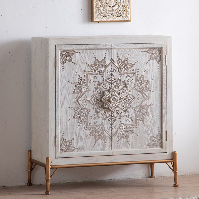 美式餐边柜复古玄关柜白色储物柜斗柜法式轻奢实木鞋柜沙发小柜子