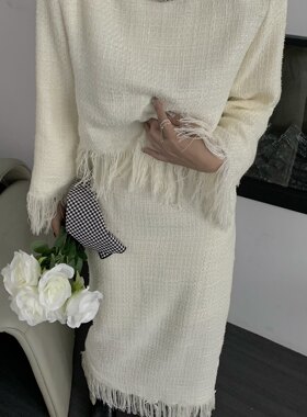 秋装新款气质名媛小香风流苏上衣+高腰半身裙两件套装女