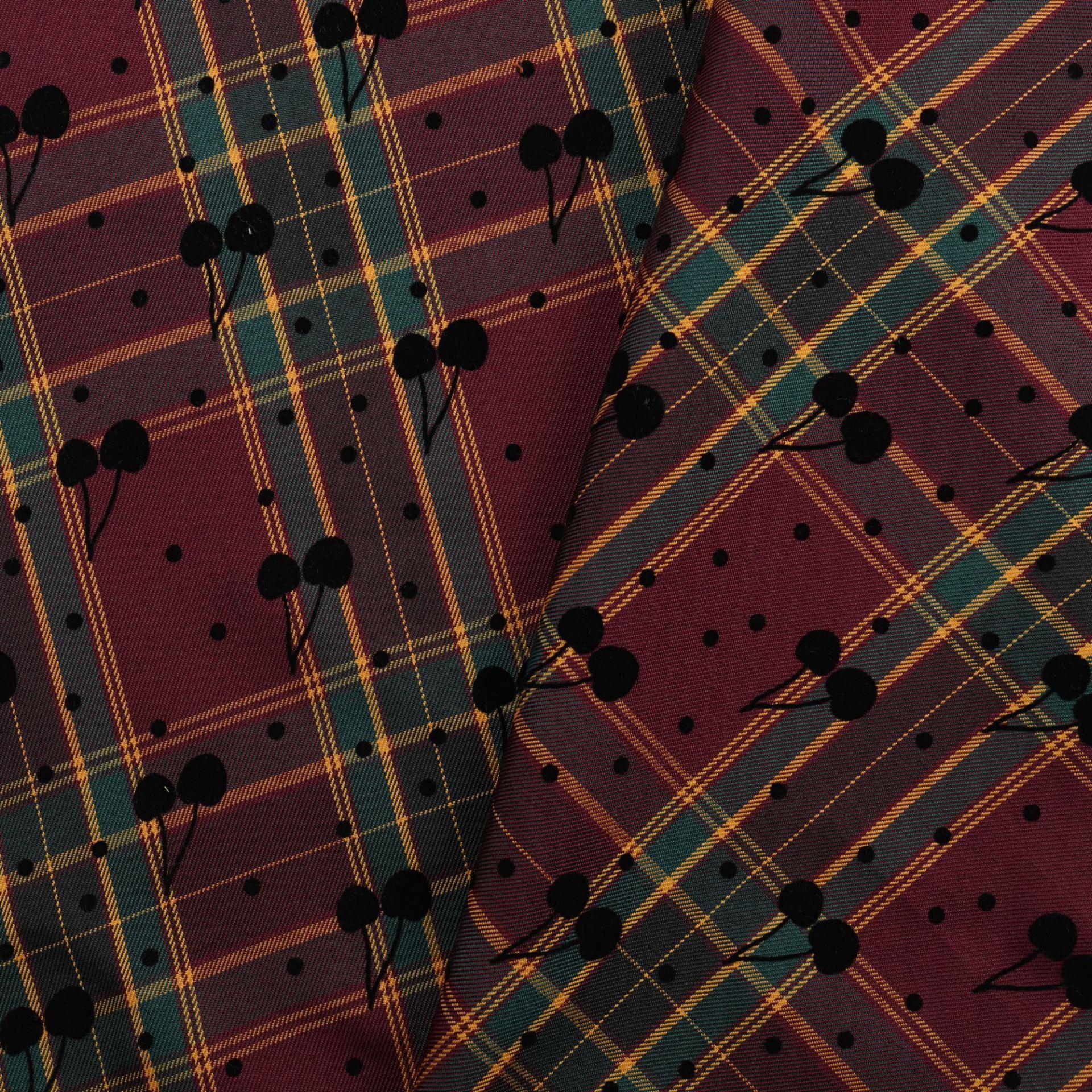 山楂树全涤色织斜纹酒红色格子布jk格裙玩具娃衣樱桃波点植绒面料