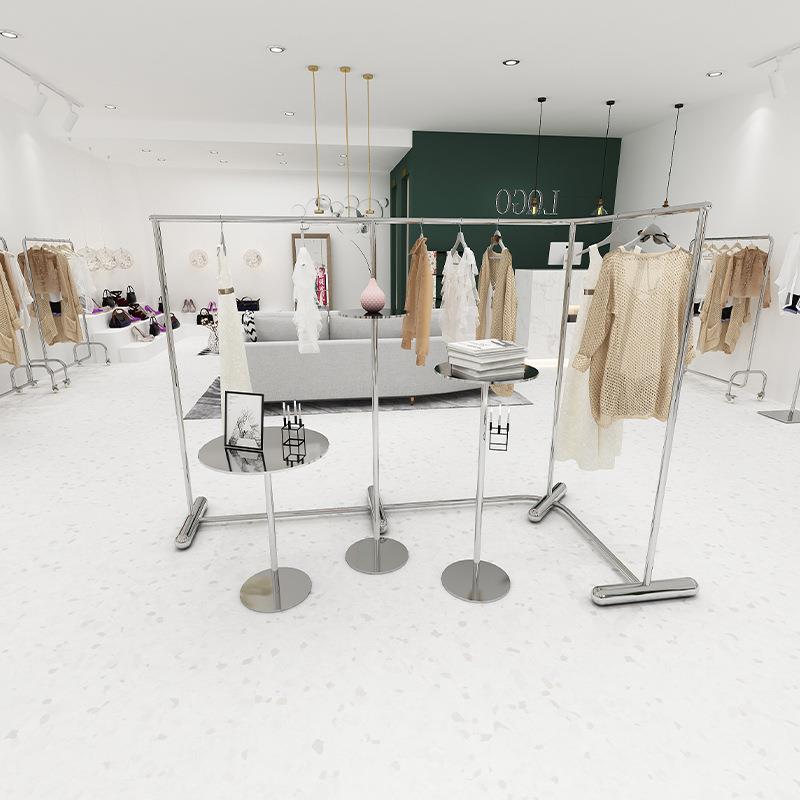 不锈钢店铺中间L形弧形展示架货架落地式服装店陈列中岛架挂衣架