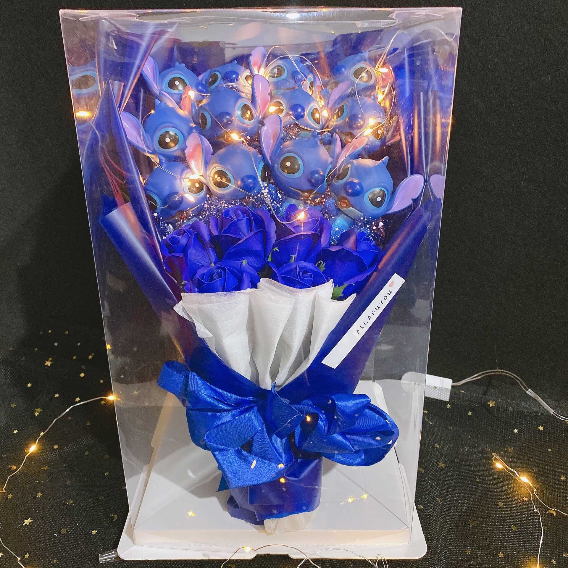 带花史迪仔花束 香皂花卡通公仔娃娃花束 送男女朋友创意生日礼物