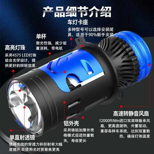 汽车LED鱼眼双透镜M01D带电机H4单杯单直射大灯双光透镜led前大灯