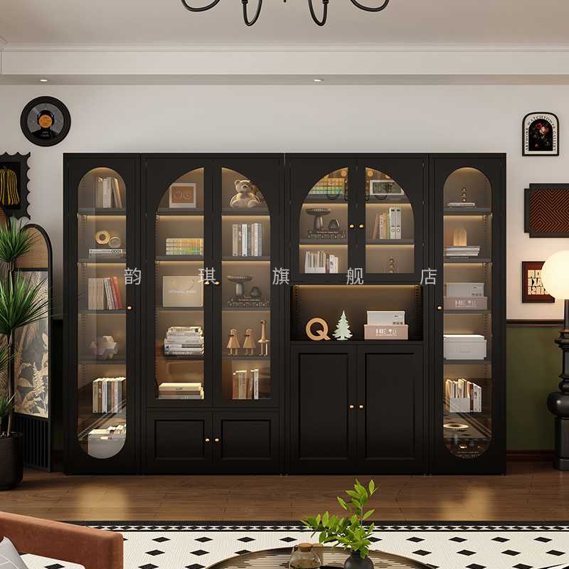 7W美式拱形钢制书柜法式复古落地式书架储物柜客厅置物柜满墙展示
