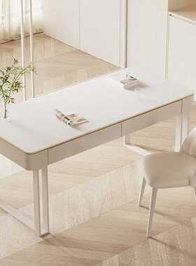 轻奢纯白岩板书桌现代简约小户型卧室奶油风学习桌办公台式电脑桌