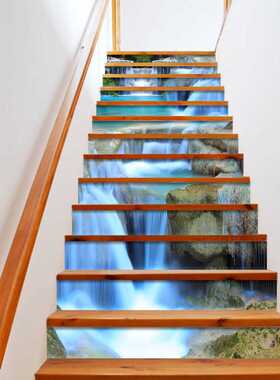 创意3D楼梯通道门贴翻新自粘卧室墙贴纸 绿色瀑布13片楼梯贴定制