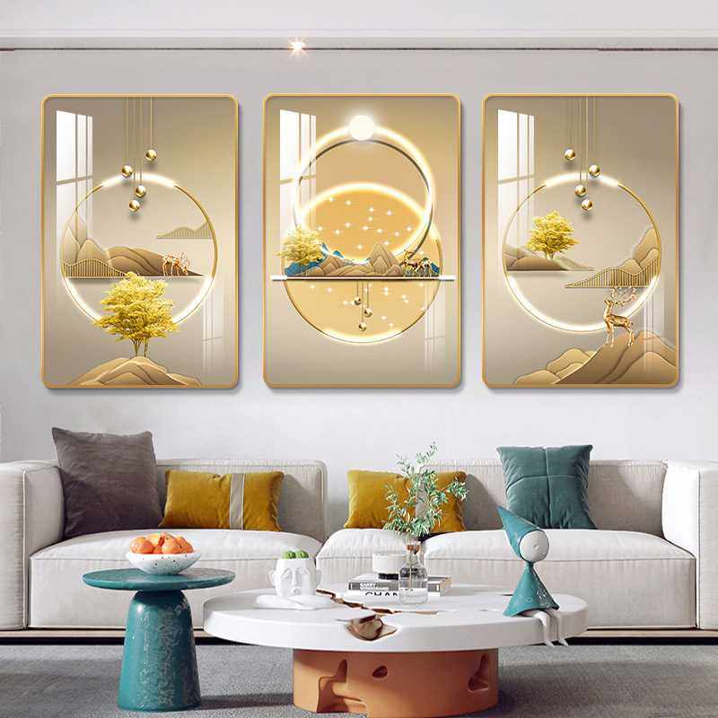 现代简约客厅装饰画抽象福鹿三联画沙发背景墙挂画pvc边框晶瓷画