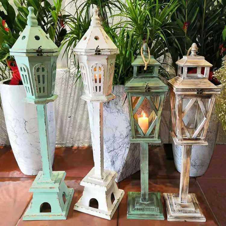 做旧实木风灯马灯 复古木质防风户外蜡烛台装饰落地摆件