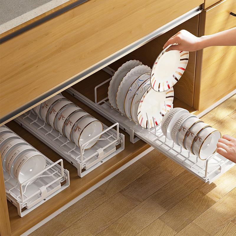免预装碗架厨房置物架家用橱柜内置可抽拉碗碟沥水单层拉篮碗盘架