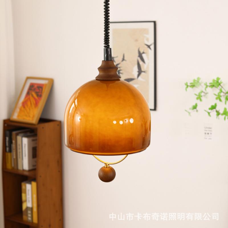 中古玻璃吊灯可伸缩餐厅吧台灯日式实木诧寂风复古岛台餐桌饭厅灯