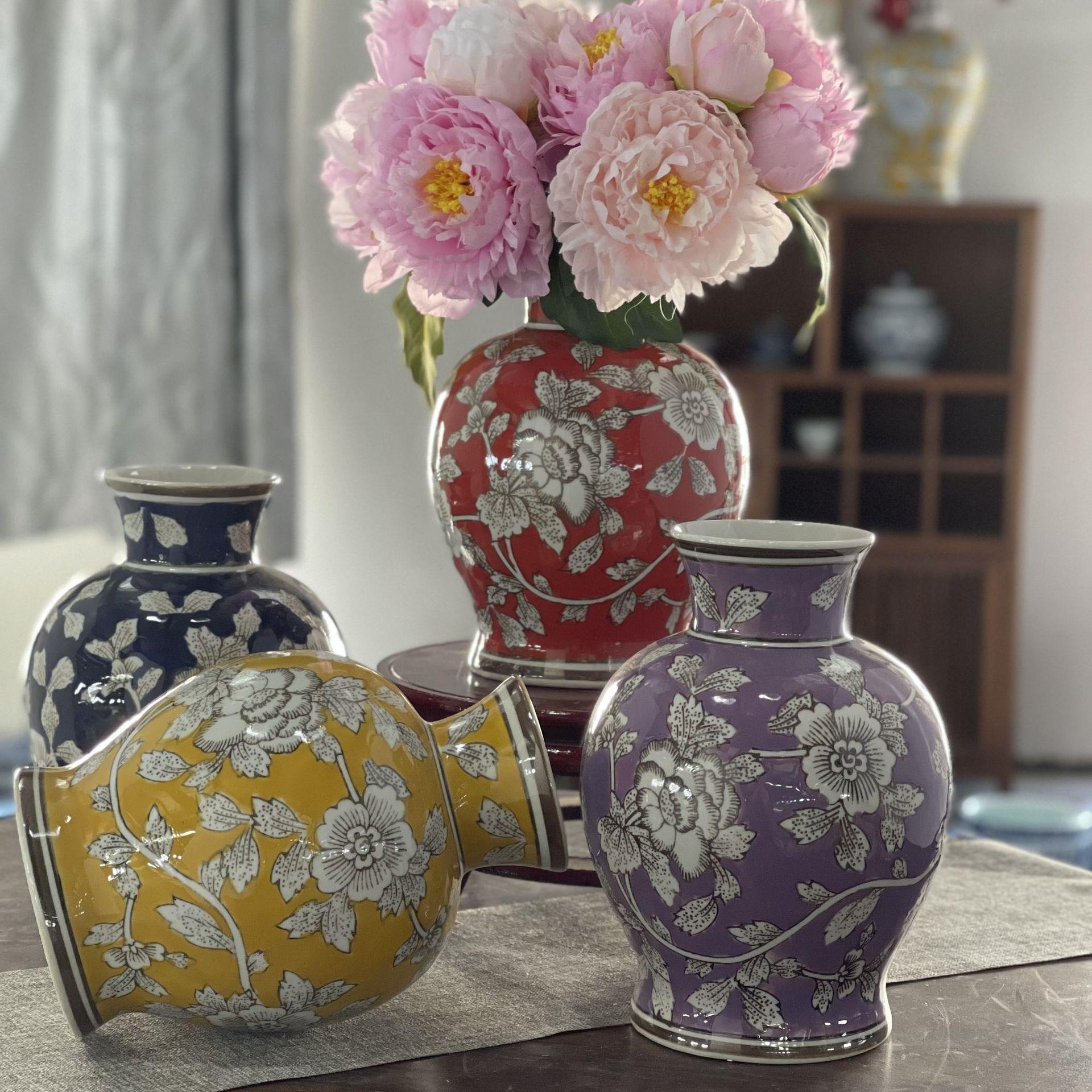 新中式粉彩陶瓷花瓶青花瓷客厅玄关插花器桌面居家摆件芍药花花瓶