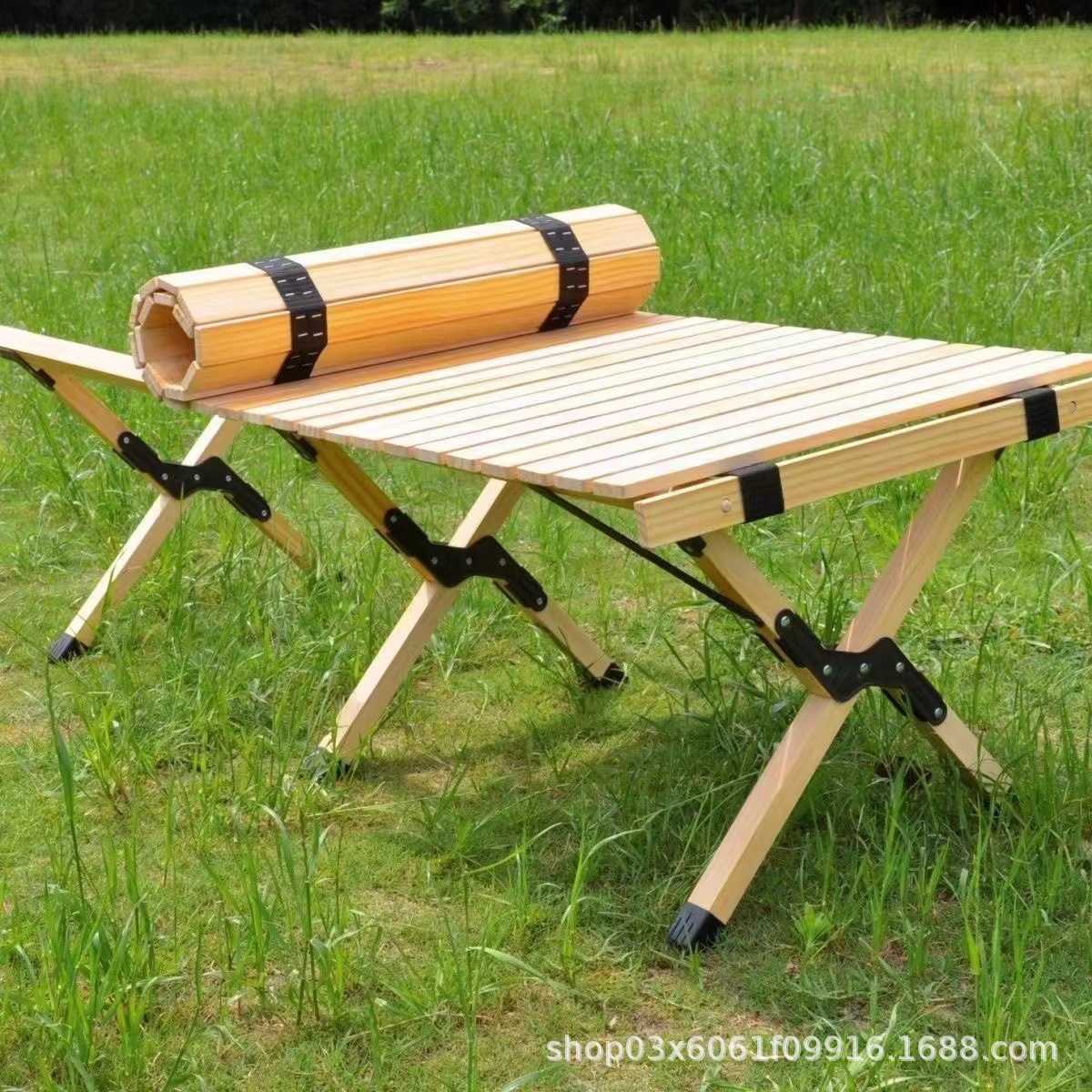 户外松木折叠桌野餐露营蛋卷桌 榉木野餐桌椅套 装便携式野营桌子