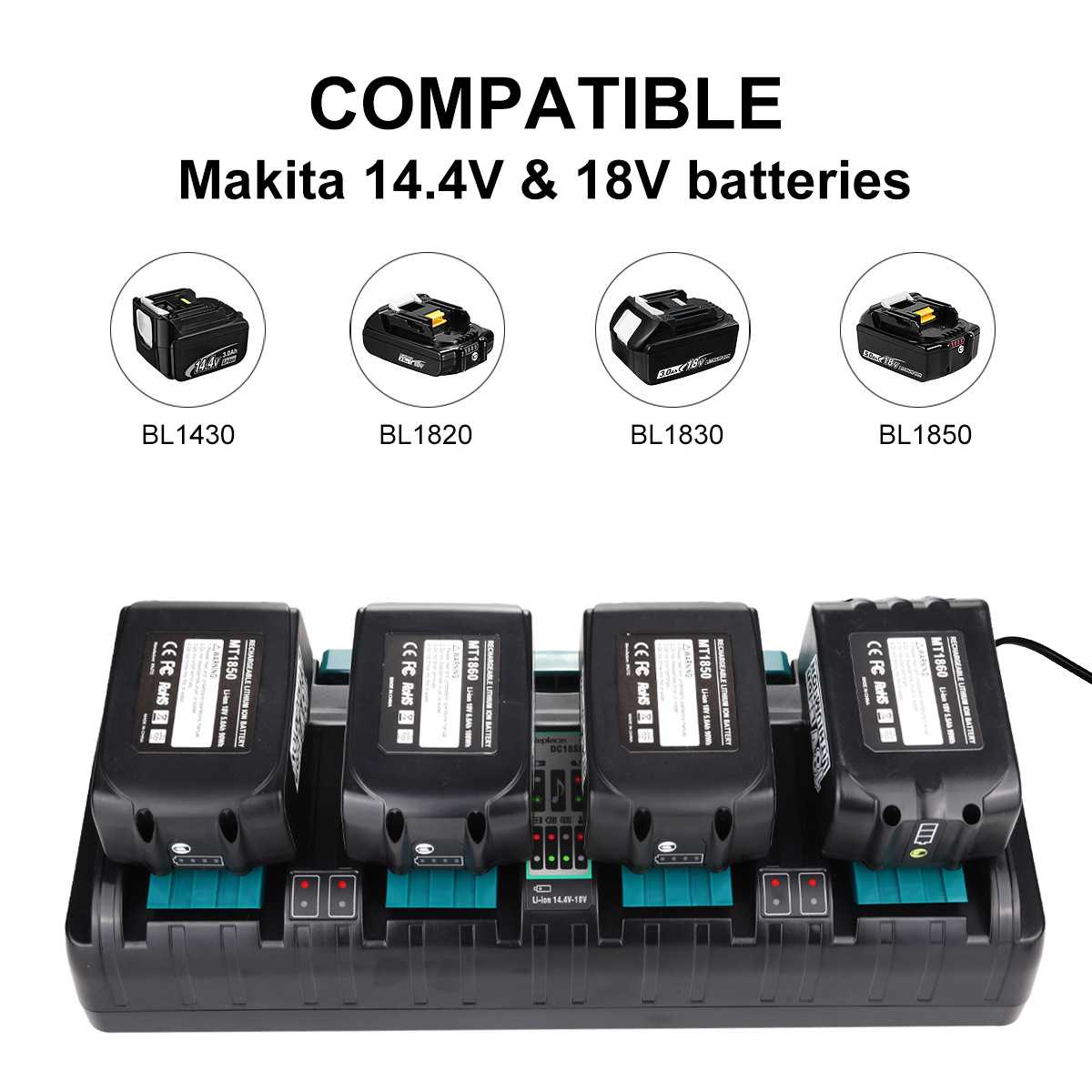 适用于mak牡田14.4V-18V锂电池BL1850B四槽快速充电器 DC18RD四充