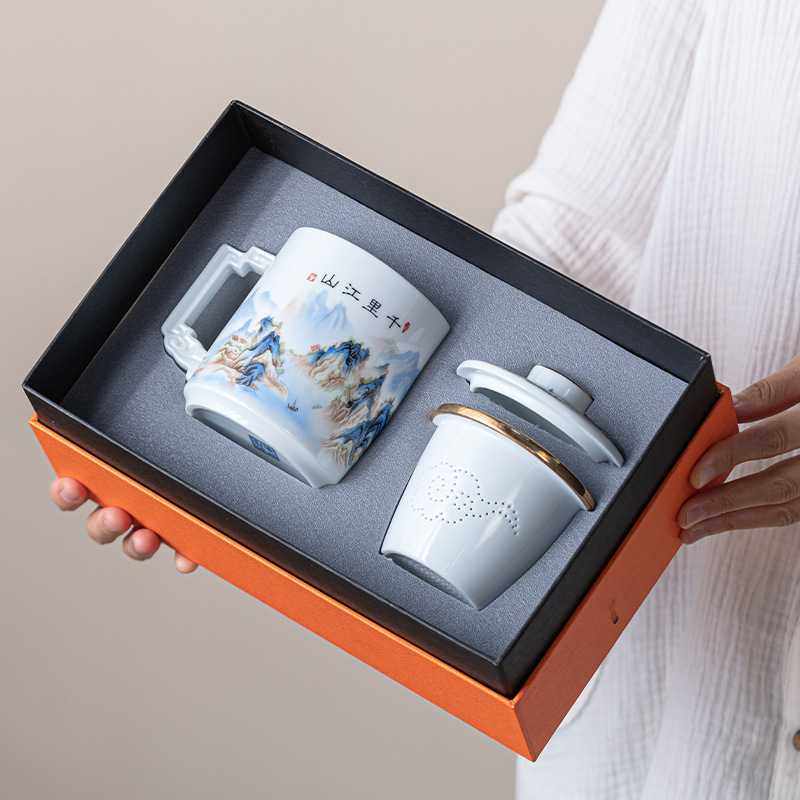 陶瓷杯带盖过滤茶水分离泡茶杯办公大容量创意千里江山描金马克杯,玩具/童车/益智/积木/模型,垂直悬浮玩具,淘宝优惠券,粉丝福利购,淘宝优惠卷