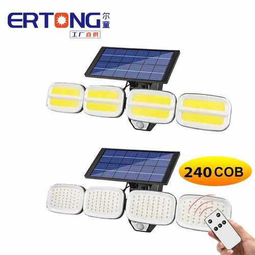 跨境新款太阳能灯四头可旋转户外人体感应壁灯带遥控庭院照明灯