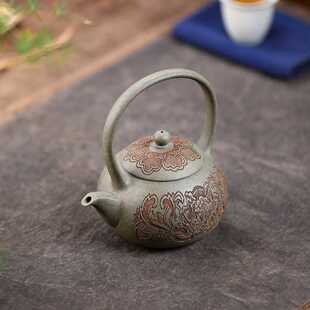 鹊羽提梁原矿龙背青手工刻花纹仿老款工堂直播间供货紫砂壶 壶