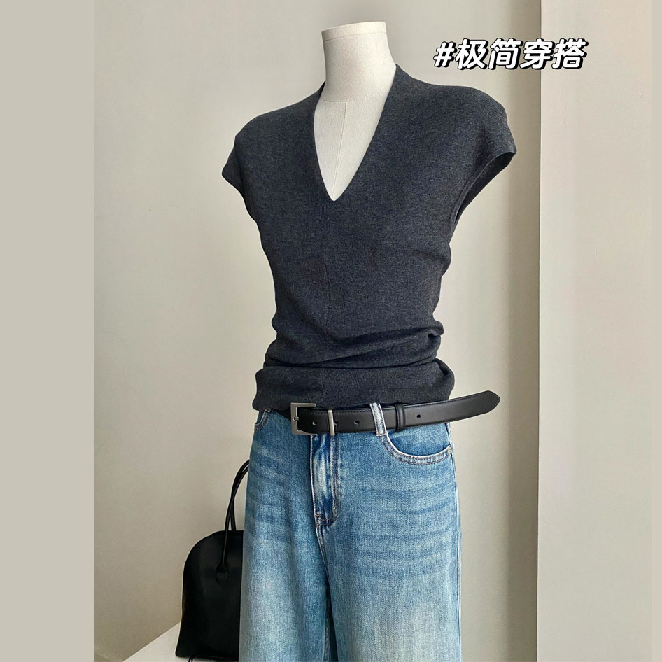 黑色v领针织短袖T恤女2025新款夏季独特超好看单穿小衫小飞袖上衣