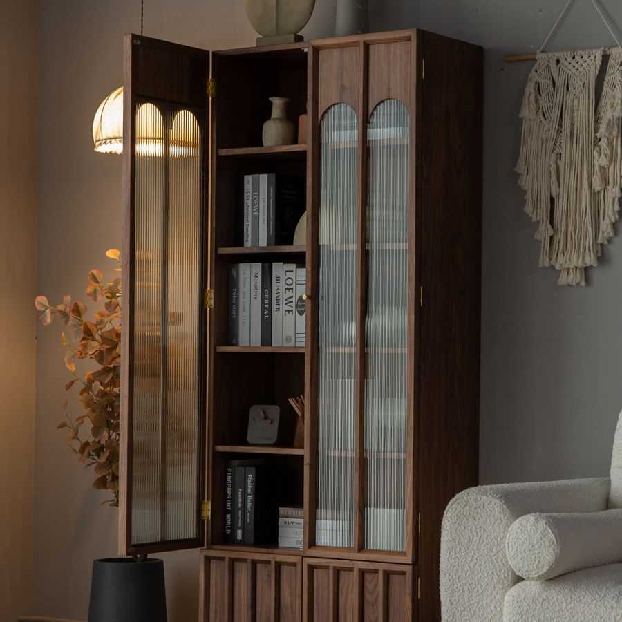 北美黑胡桃木全实木书柜简约式现代书架日式书房玻璃展示柜收纳柜