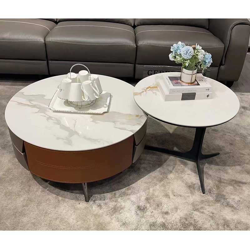 轻奢网红岩板茶几简约现代圆形钢化茶台桌客厅家用小户型茶几组合