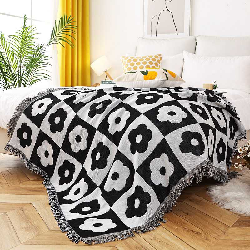 出口跨境棋盘花朵沙发巾沙发毯盖毯防尘布装饰布桌布盖布露营毯