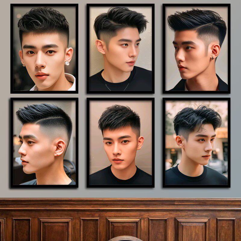 2024男士发型图片o装饰画美发店相框海报墙壁画理发店发廊染烫挂