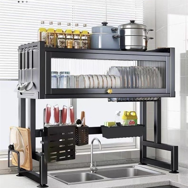 厨房水槽碗碟沥水架水池碗盘收纳洗碗架台面带柜门防尘碗柜置物架