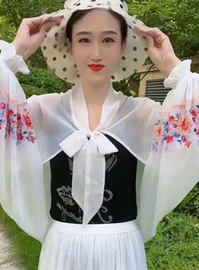 2026新款夏季雪纺防晒灯笼袖披肩刺绣百搭户外遮阳空调衫宽袖骑行