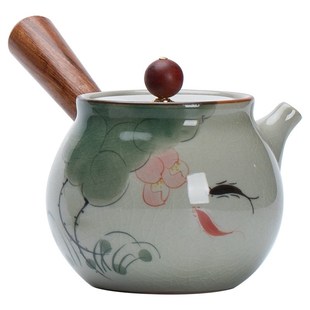 哥窑手绘荷韵木柄侧把壶功夫泡茶壶家用轻奢复古可V养开片釉防烫