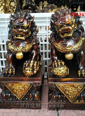 纯铜复古鎏金铜狮子一对大号铜宫门狮黄铜雄狮中式家居摆件