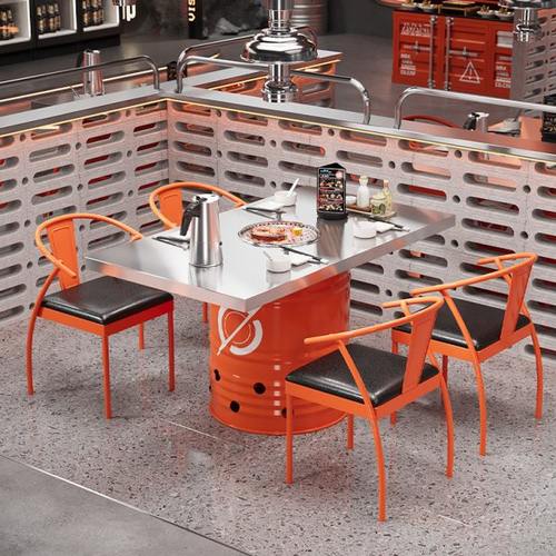 不锈钢火锅桌韩式炭火烤肉桌烧烤店商用铁艺网红餐桌油桶桌椅组合