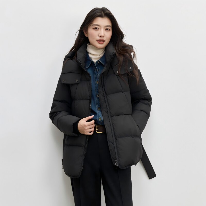 鸭鸭2026冬季新款连帽中短款羽绒服女黑色简约气质通勤轻薄外套图片