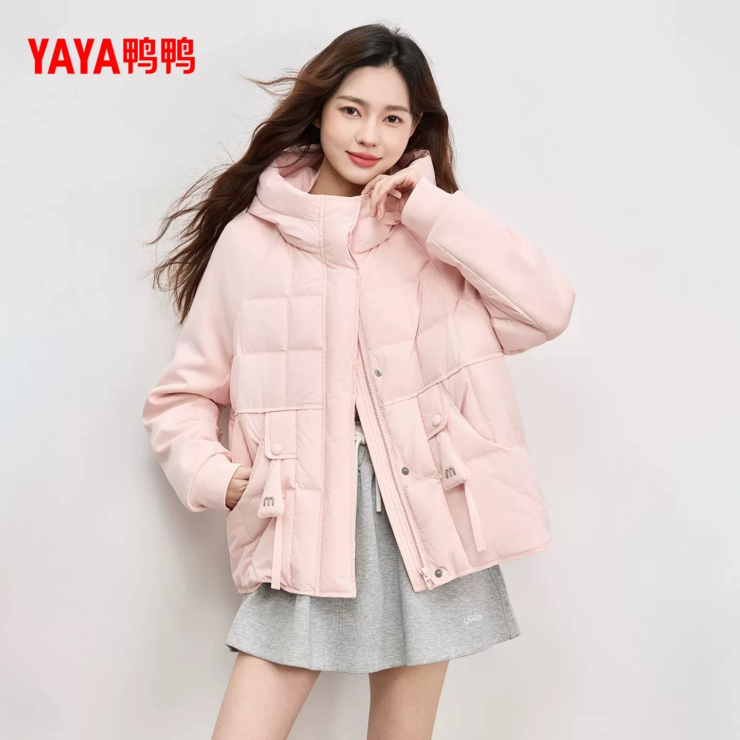 鸭鸭连帽羽绒服女短款 2026 冬季新款粉色宽松休闲小个子保暖外套