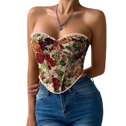 Sreet Vintage Floral Print Chest Wrap Lace-up French Niche F