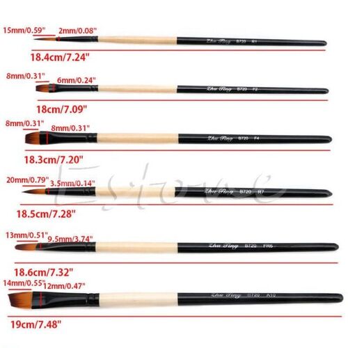 New Hot 6Pcs/Set Flat Nylon Hair Paint Brush Gouache Acrylic