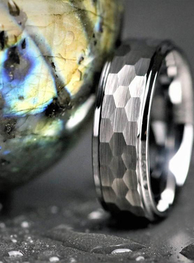 8MM Mens Silver Color Stainless Steel Ring Hammered