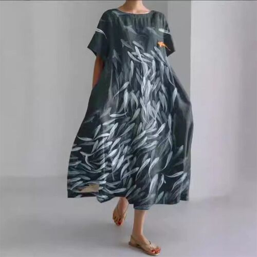 2025 Womens Printed Loose Casual Plus Size Short Sleeve Dre
