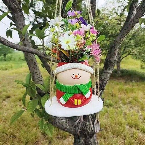 Resin Planter Pot Festive Snowman Swing Planter Pot for